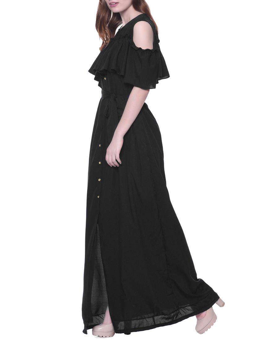 ruffled buttoned black cold shoulder maxi dress - 12379770 - Zoom Image - 2