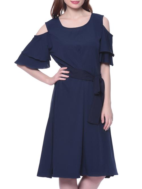 solid blue cold shoulder ruffle skater dress - 12379774 - Standard Image - 1