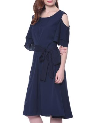 solid blue cold shoulder ruffle skater dress - 12379774 - Standard Image - 2