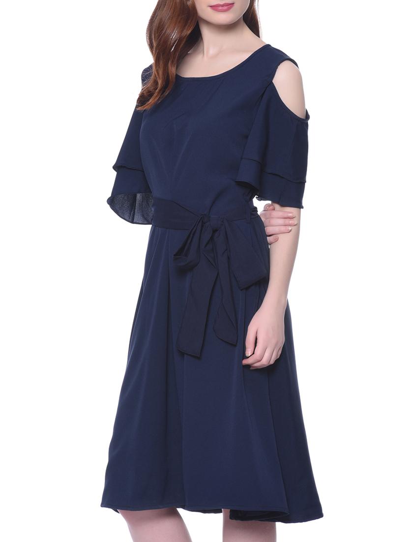 solid blue cold shoulder ruffle skater dress - 12379774 - Zoom Image - 2