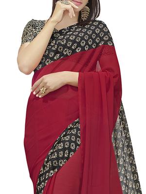 red georgette printed saree with blouse - 12382391 - Standard Image - 2
