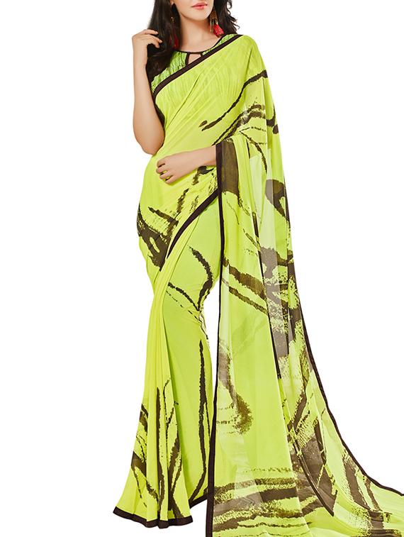 green georgette printed saree with blouse - 12382402 - Zoom Image - 1