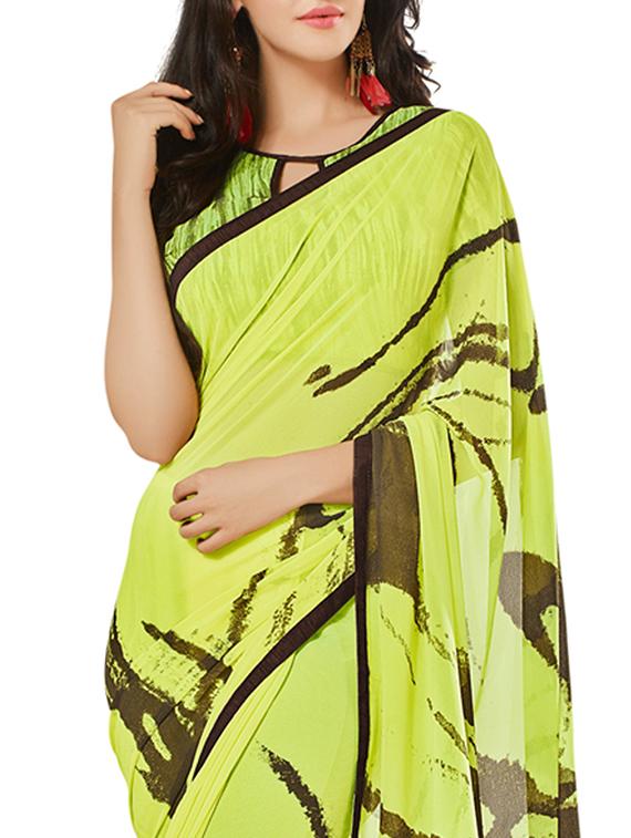 green georgette printed saree with blouse - 12382402 - Zoom Image - 2