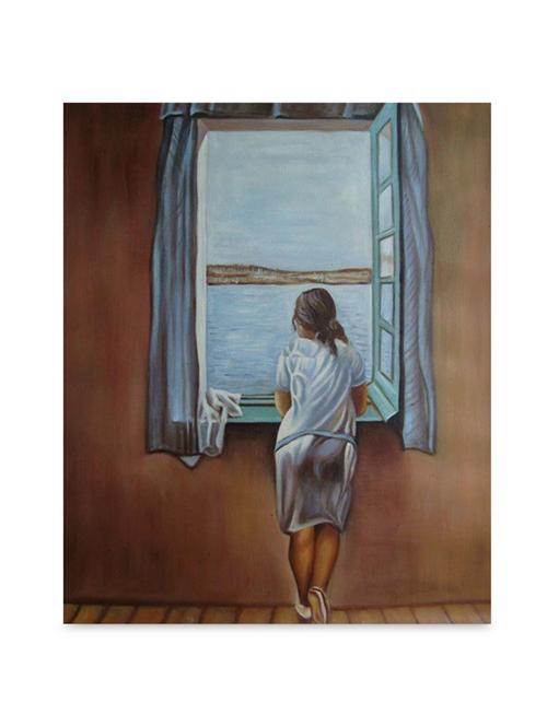 multicolor frameless canvas girl peeking out of window painting - 1238946 - Standard Image - 1