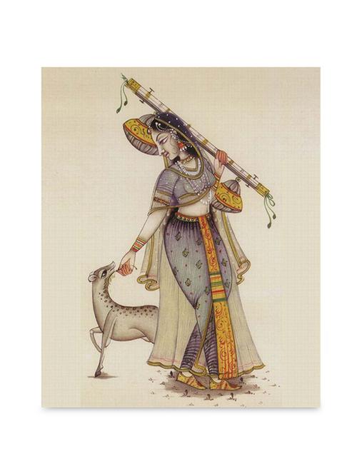 multicolor frameless canvas traditional indian woman with deer painting - 1238955 - Standard Image - 1