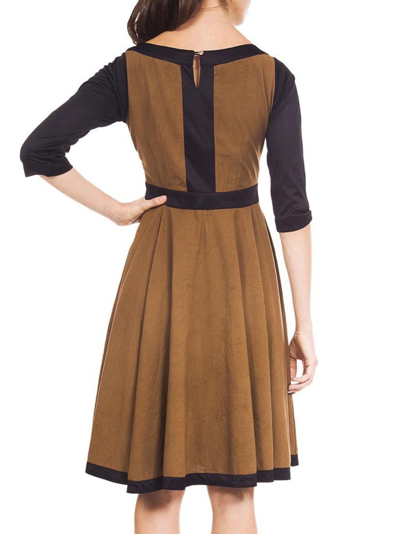 brown and black colour block cotton fit and flare dress - 12394143 - Zoom Image - 3