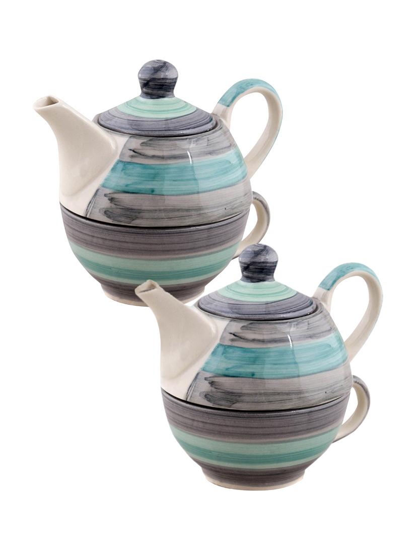 VarEesha Twirling Green Hand crafted By Rural Artisans Ceramic Cup with Kettle Set of 2 - 12399431 - Zoom Image - 1