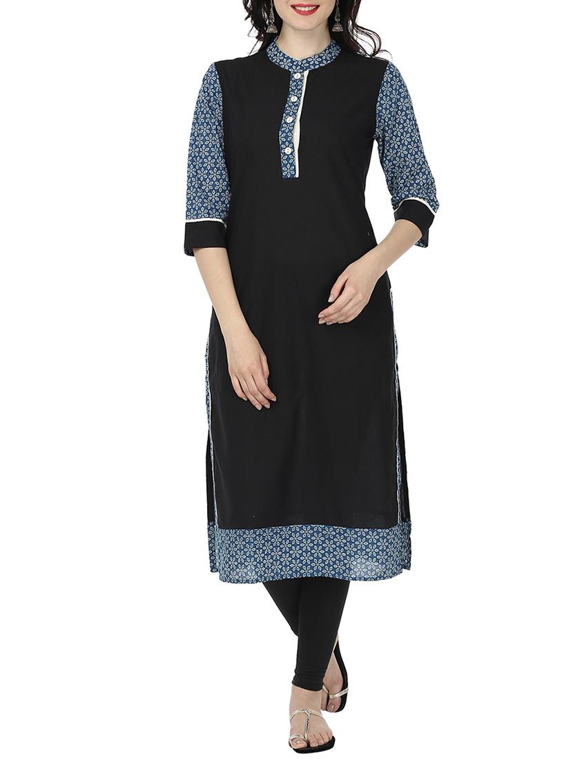 black cotton straight kurta - 12405490 - Zoom Image - 1