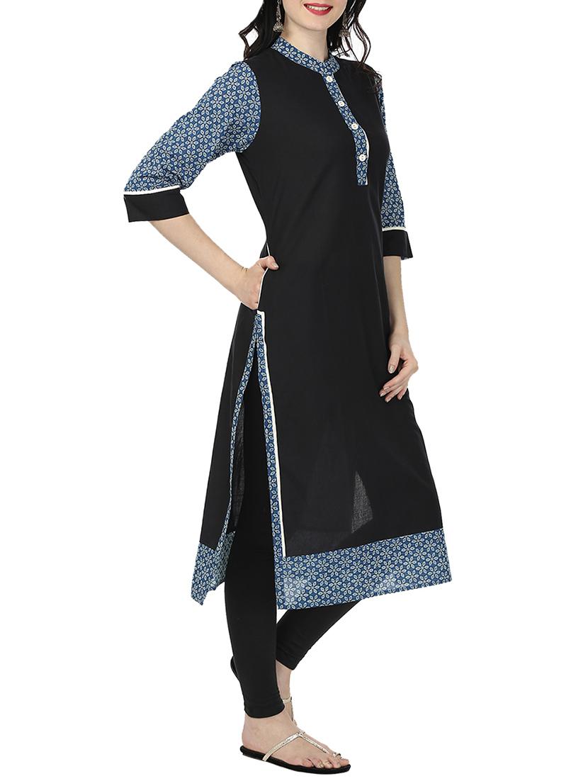black cotton straight kurta - 12405490 - Zoom Image - 2