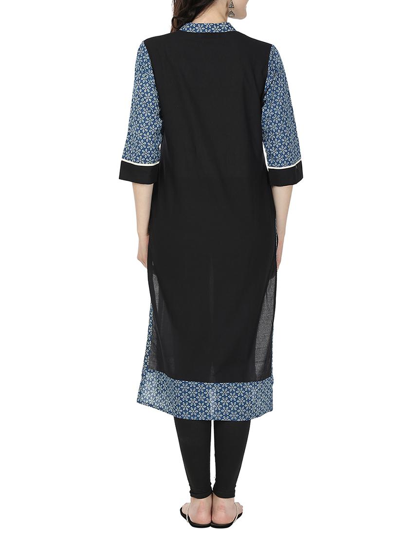 black cotton straight kurta - 12405490 - Zoom Image - 3
