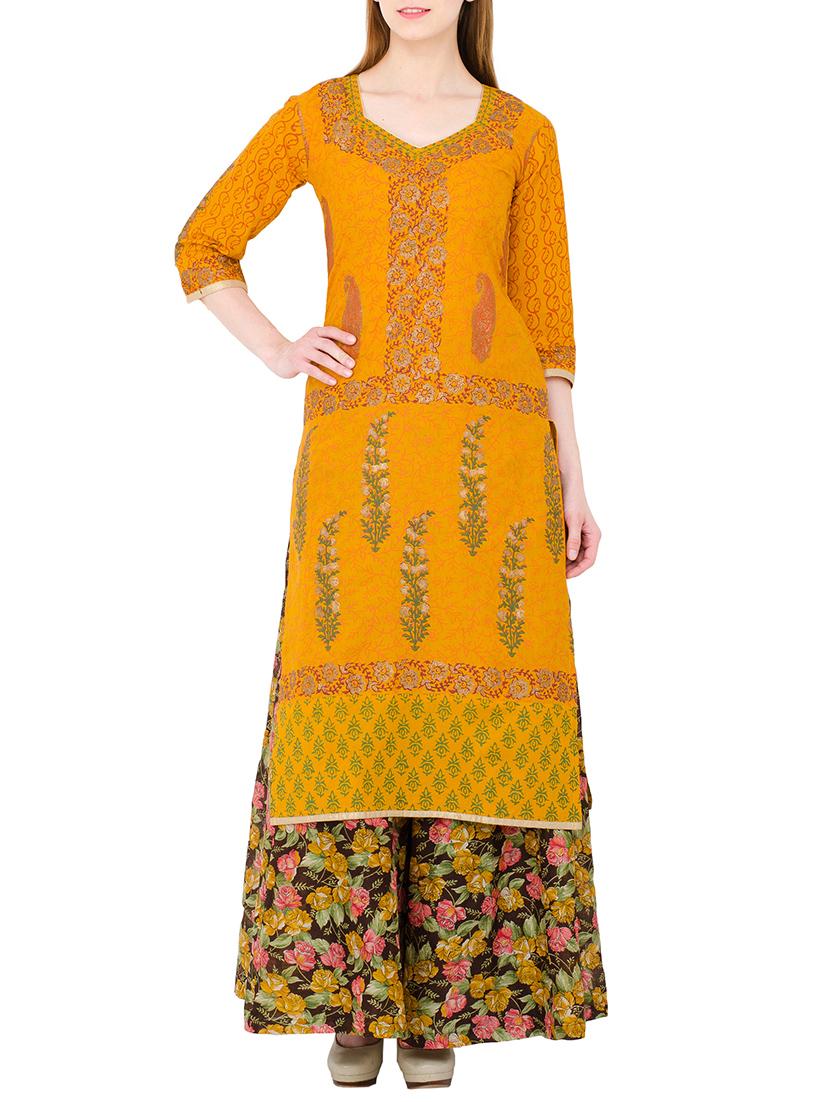 mustard cotton straight kurta - 12410185 - Zoom Image - 1