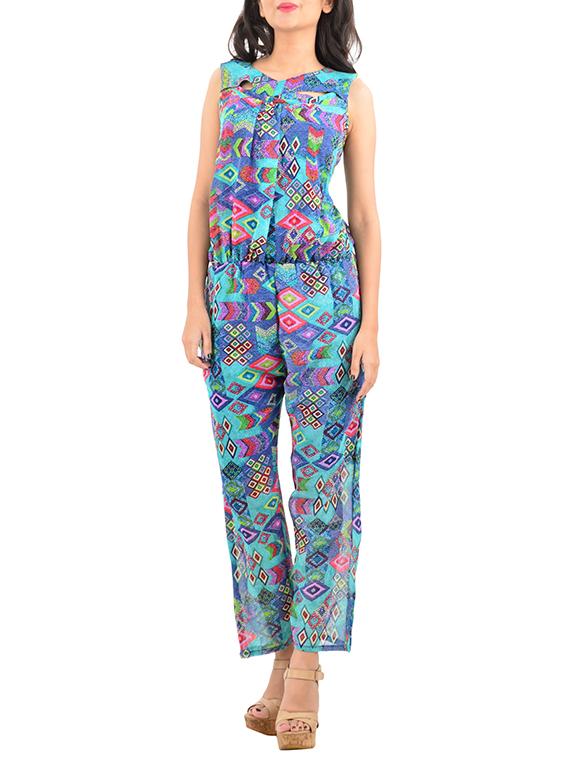 blue printed chiffon full leg jumpsuit - 12423398 - Zoom Image - 1