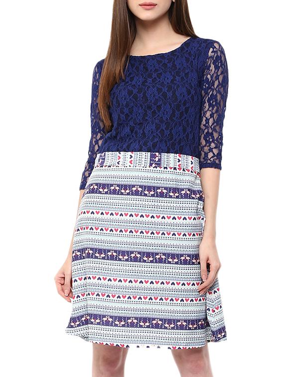 blue printed crepe a-line dress - 12424014 - Zoom Image - 1