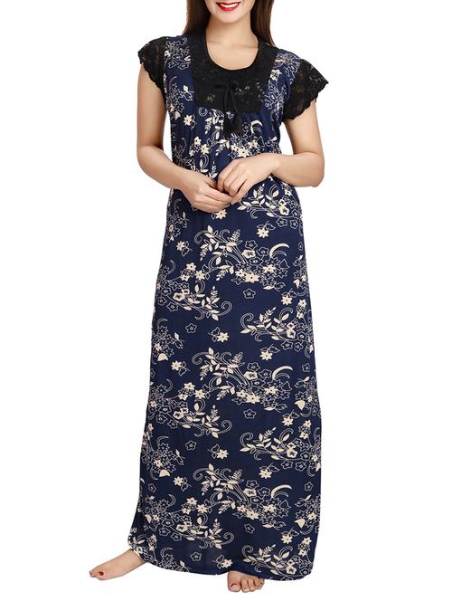 navy blue floral printed satin gown - 12427909 - Standard Image - 1