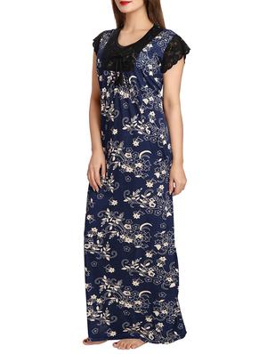 navy blue floral printed satin gown - 12427909 - Standard Image - 2