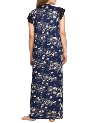 navy blue floral printed satin gown - 12427909 - Standard Image - 3