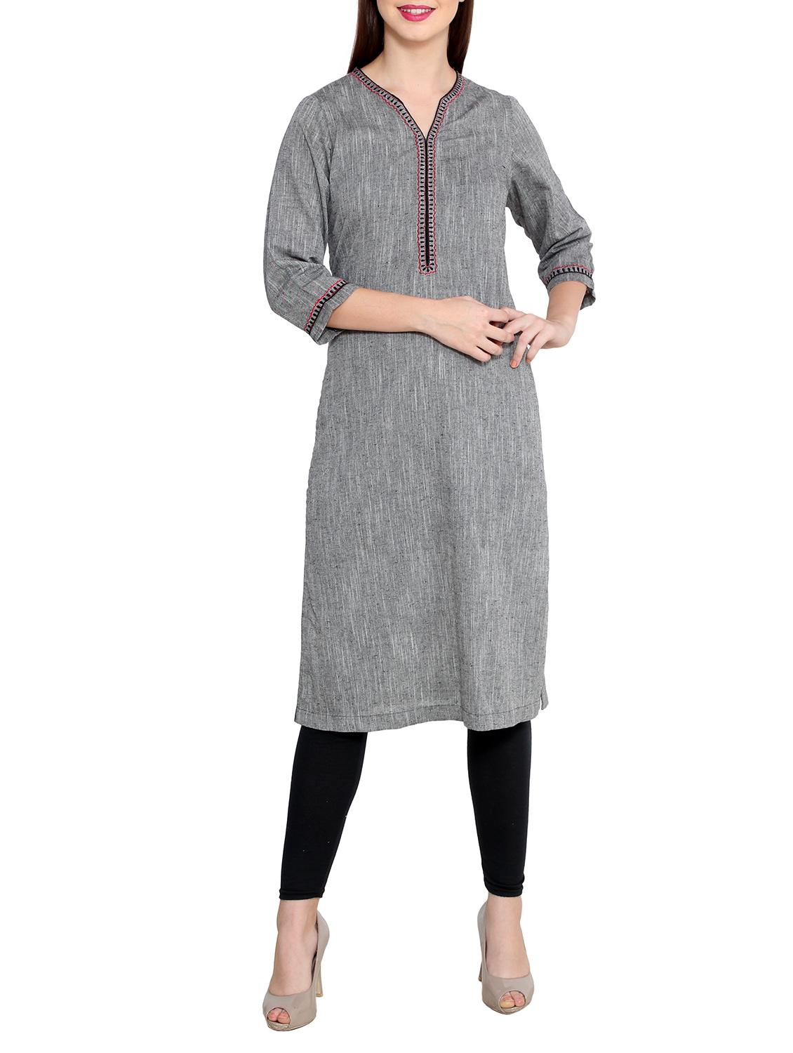 grey cotton straight kurta - 12430388 - Zoom Image - 1