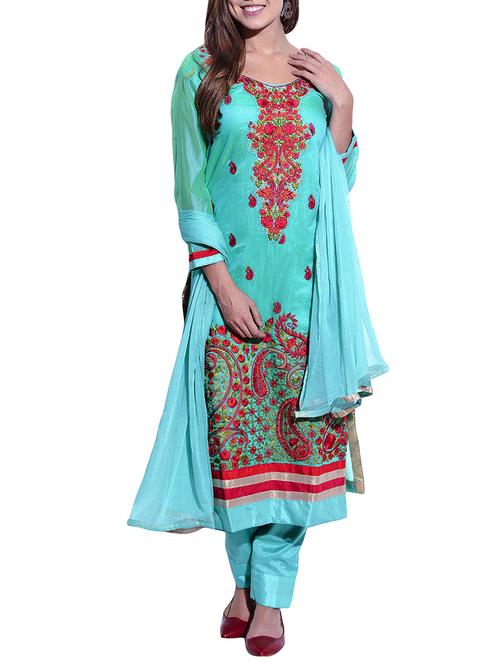 turquoise pure silk straight dress material - 12431075 - Very Small Image - 1