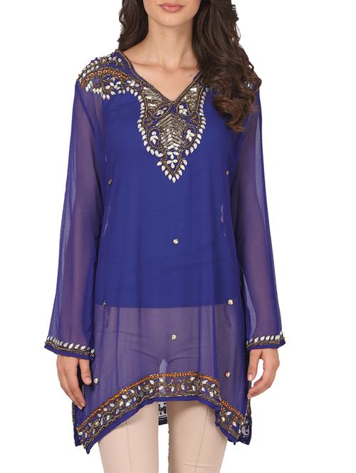 Royal blue embellished georgette kurti - 12448099 - Very Small Image - 1