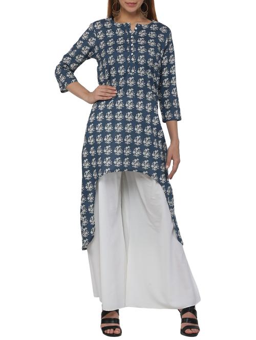 blue cotton high low kurta - 12453660 - Standard Image - 1