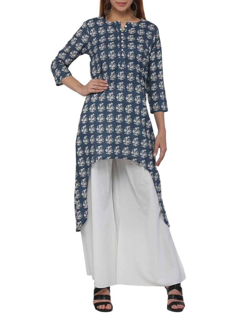 blue cotton high low kurta - 12453660 - Zoom Image - 1