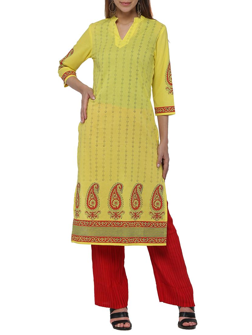 yellow cotton straight kurta - 12453665 - Zoom Image - 1