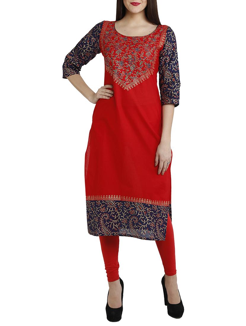 Red cotton regular kurta - 12455507 - Zoom Image - 1