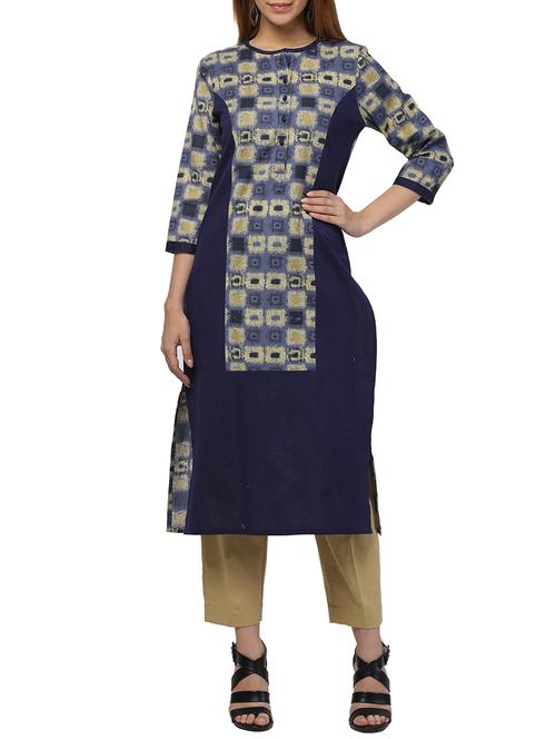 blue cotton blend straight kurta - 12455919 - Standard Image - 1