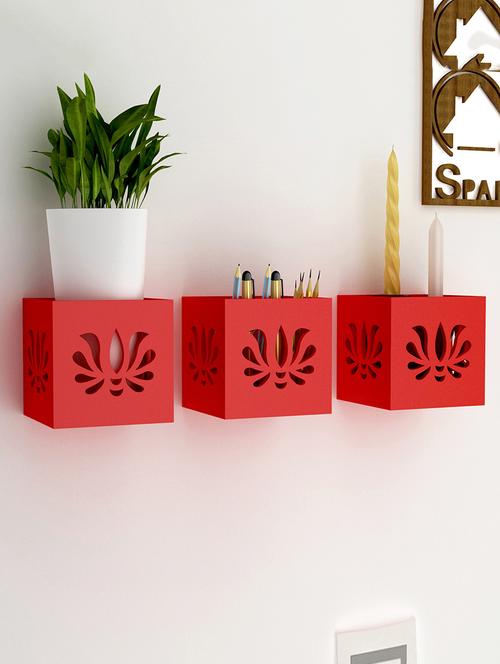 red engineered wood set of 3 hanging tea light cum organizer - 1245757 - Standard Image - 1
