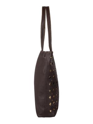 dark brown synthetic leather cutwork handbag - 12470822 - Standard Image - 4