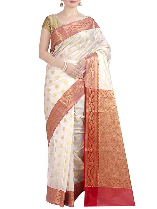contrast zari border banarasi saree with blouse - 12474920 - Standard Image - 1