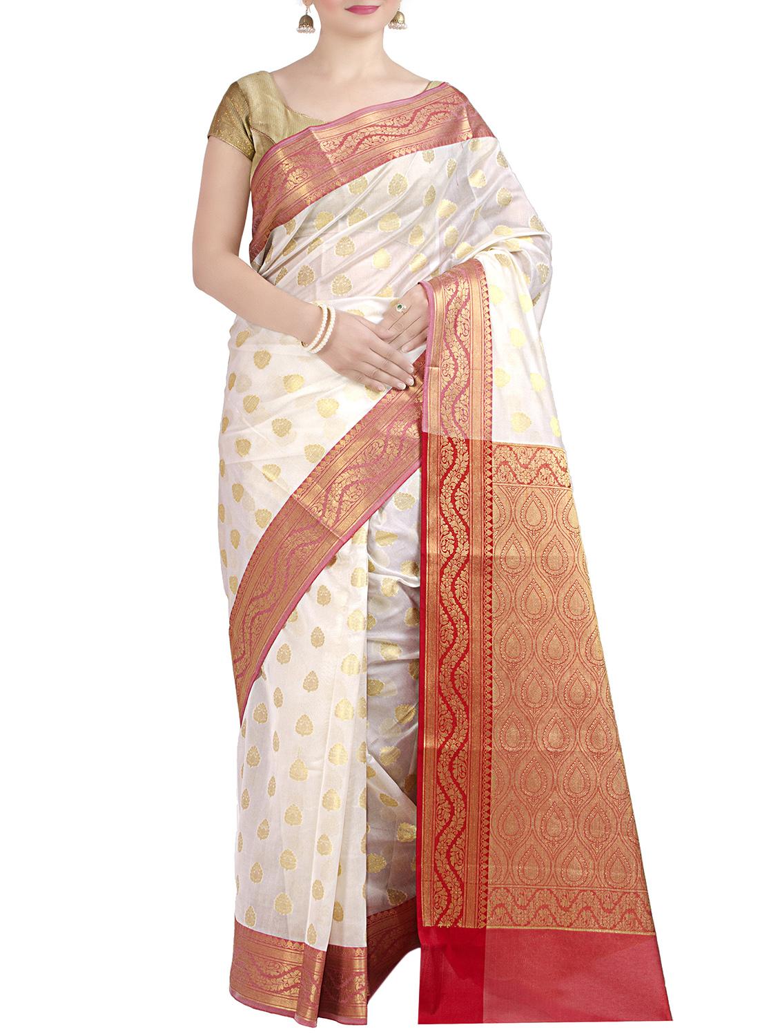 contrast zari border banarasi saree with blouse - 12474920 - Zoom Image - 1