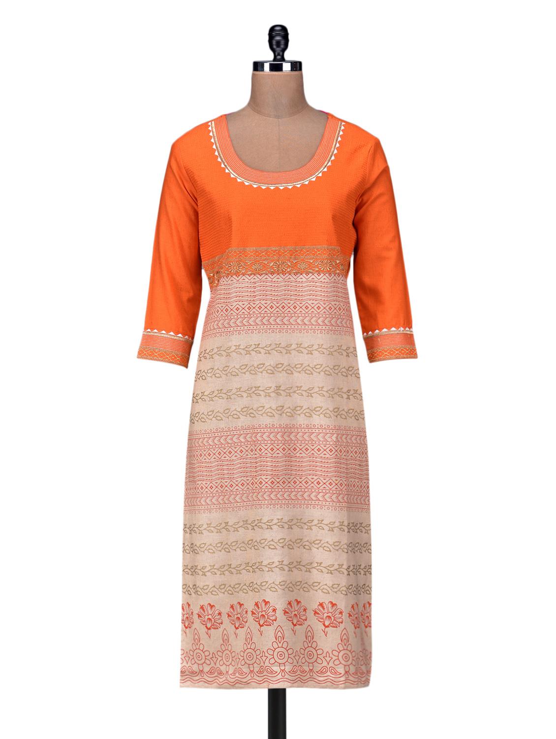beige orange zardosi embroidered khadi kurta - 1248642 - Zoom Image - 1