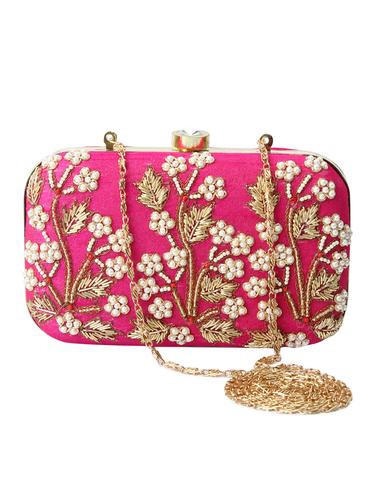 Pink silk embroidered sling box clutch - 12487188 - Very Small Image - 1