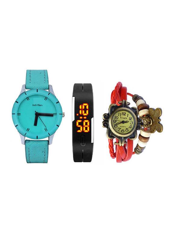 set of 3 jack klein synthetic leather analog-digital watch(su_jk_j1130_vntg_rd_ld_blk) - 12494647 - Zoom Image - 1