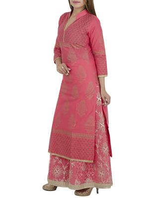 pink cotton hand block print straight kurta - 12502107 - Standard Image - 2