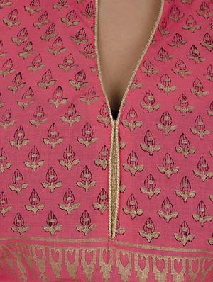 pink cotton hand block print straight kurta - 12502107 - Standard Image - 4