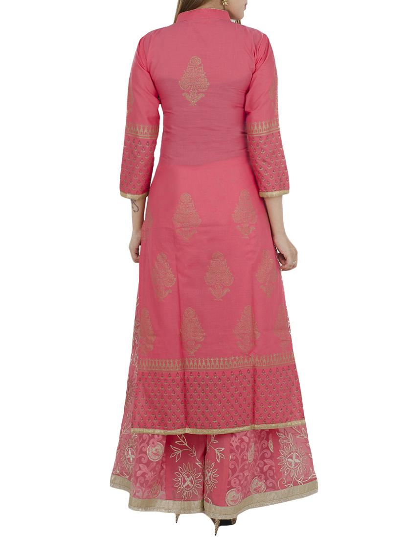 pink cotton hand block print straight kurta - 12502107 - Zoom Image - 3