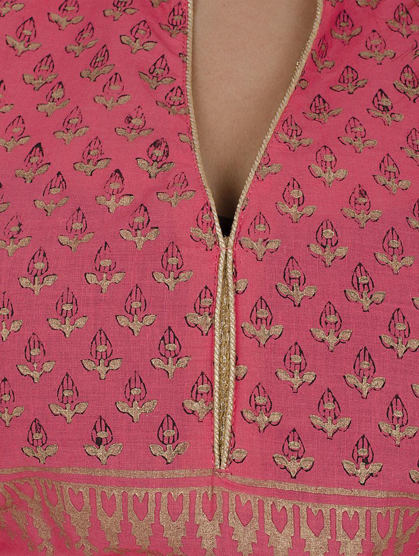 pink cotton hand block print straight kurta - 12502107 - Zoom Image - 4