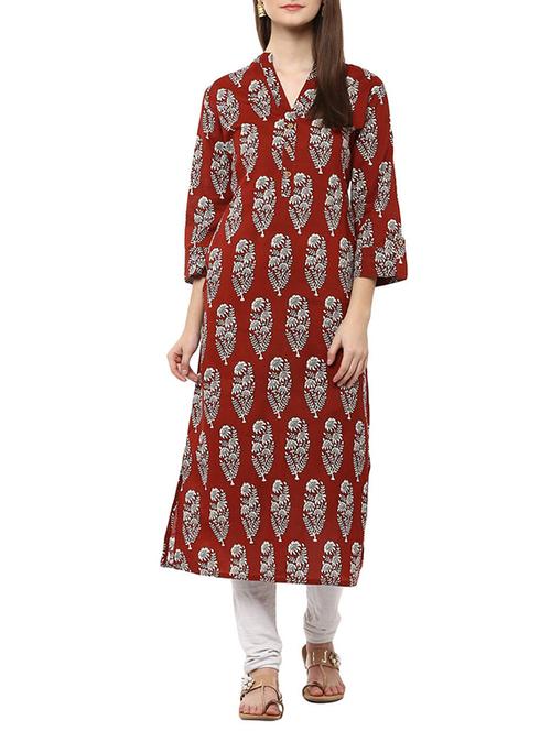 brown cotton printed straight kurta - 12512401 - Standard Image - 1