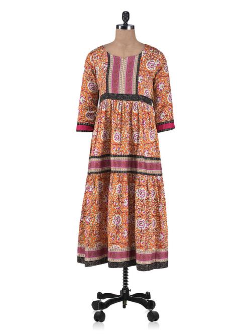 Yellow Cotton Printed Long Anarkali Kurta - 1251943 - Very Small Image - 1
