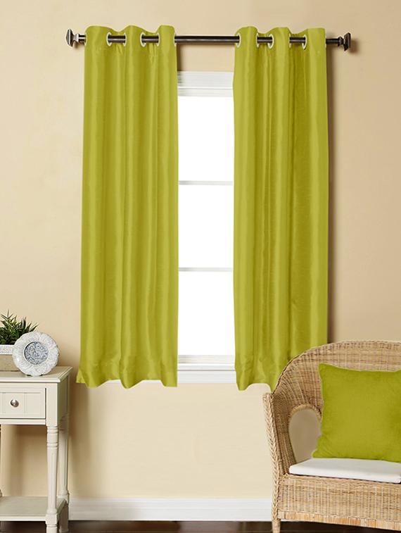 lushomes green dupion silk curtain with 6 plastic eyelets (pack of 2 pcs) for windows - 12555428 - Zoom Image - 1
