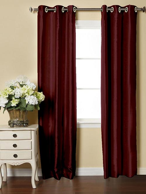 lushomes burgundy dupion silk curtain with 6 plastic eyelets (pack of 2 pcs) for doors - 12555431 - Standard Image - 1