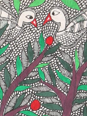 imithila vibrant mithila painting of a fruitful tree with home to several birds (65 x 27 cms) - 12563981 - Standard Image - 5