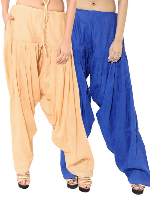 beige & blue cotton patiyala salwar (set of 2) - 12569295 - Standard Image - 1