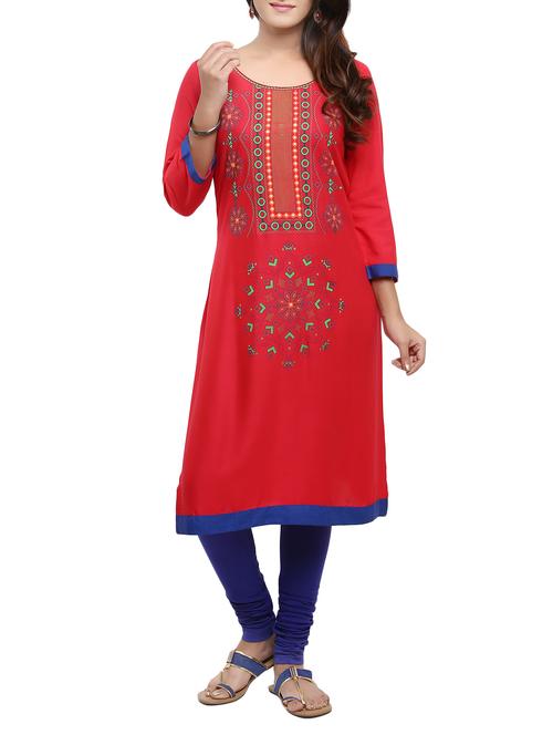 red rayon printed straight kurta - 12573644 - Standard Image - 1