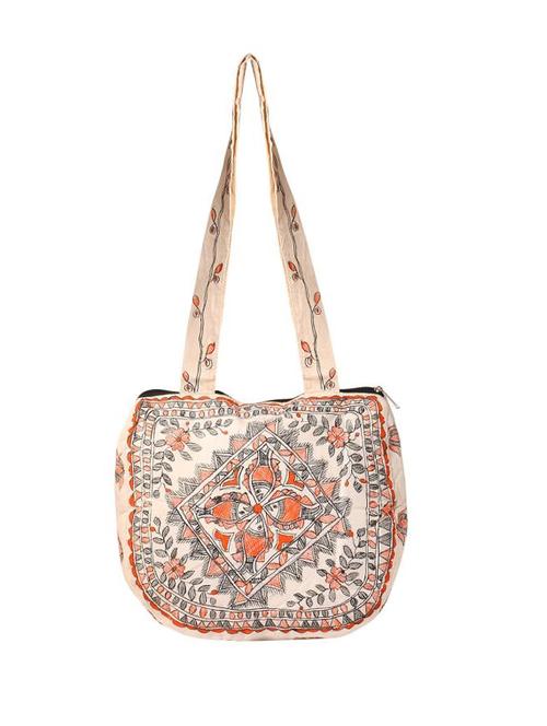 imithila pair of fishes in orange & black madhubani style handpainted shoulder bag for women and girls - 12586048 - Standard Image - 1