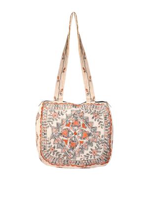 imithila pair of fishes in orange & black madhubani style handpainted shoulder bag for women and girls - 12586048 - Standard Image - 2