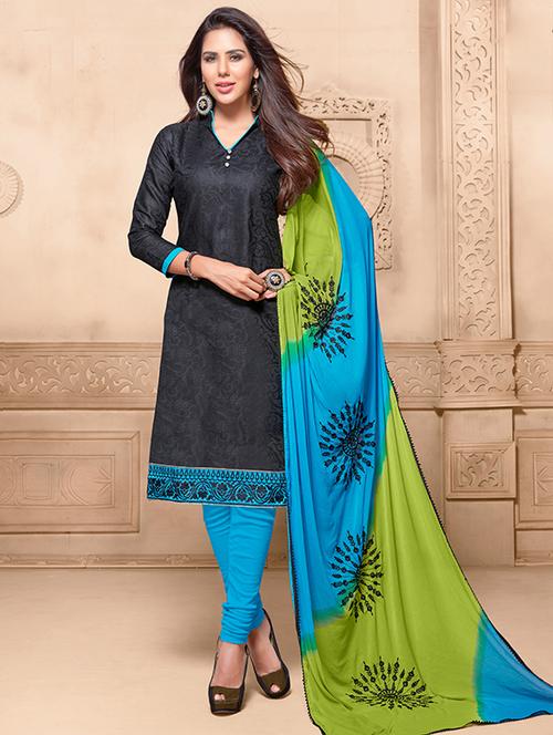 Black Cotton Blend Churidaar Dress Material - 12589621 - Very Small Image - 1