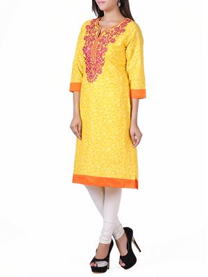 straight yellow cotton embroidered kurta - 12591275 - Standard Image - 2